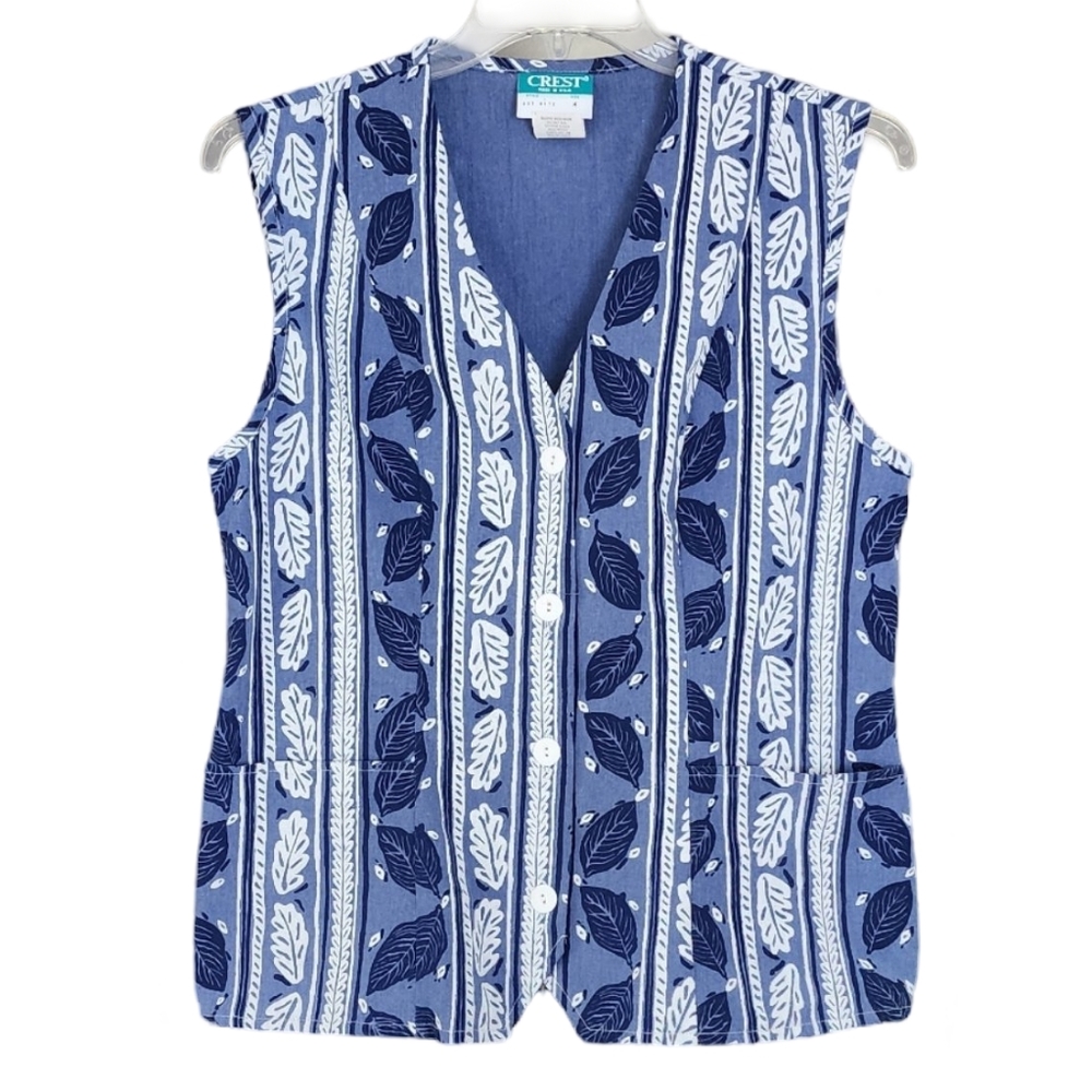 Vintage‎ Crest Boho Blue and White Leaf Vest Top Women's Medium